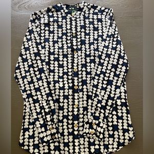 C. Wonder Navy, Black & White Silk Hearts Tunic Blouse, Size XS